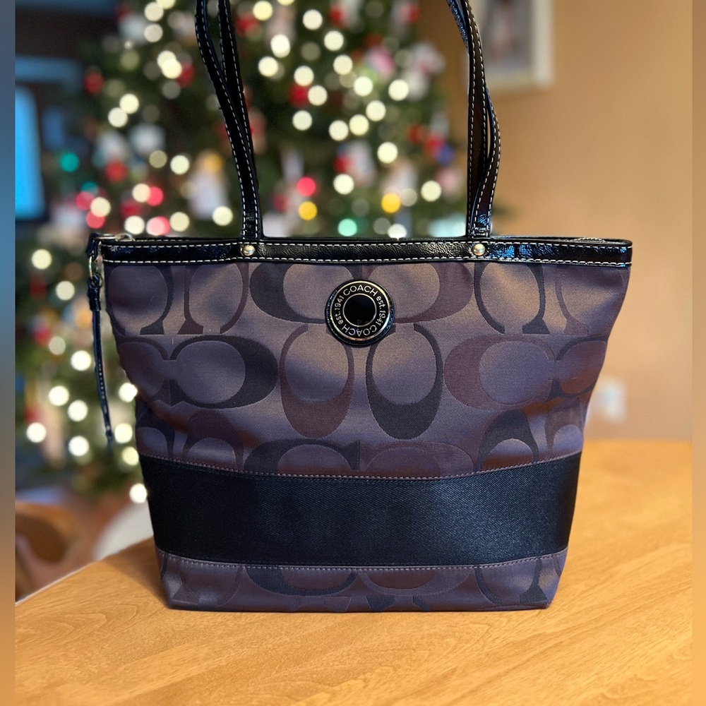 Coach Signature Stripe Canvas Tote with Leather Trim